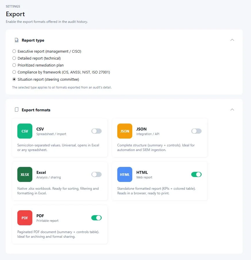 The export screen: pick the report type, then the formats (captured before the attack path report was added)