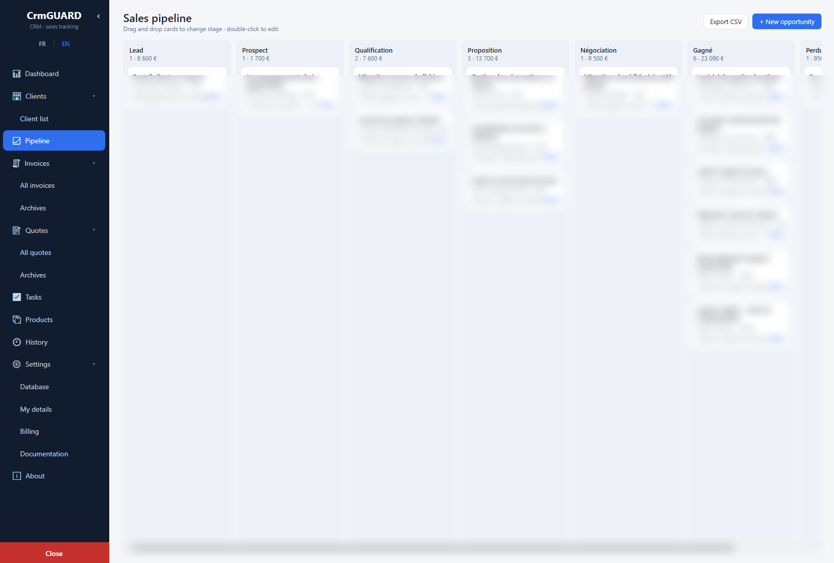 CrmGUARD — Sales pipeline: drag & drop opportunities by stage