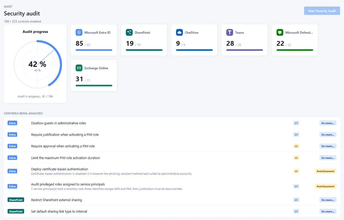 An audit running, with the live stream of evaluated controls