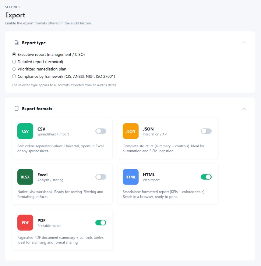 The export screen: pick the report type, then the formats